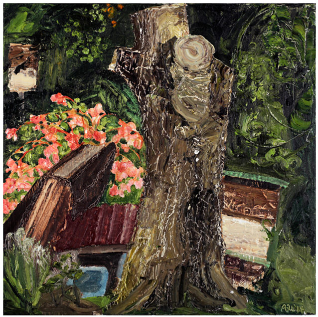 Attila Richard Lukacs, Ackee Tree with Begonia and Bee Boxes, 2014, oil on canvas, 24 x 24”