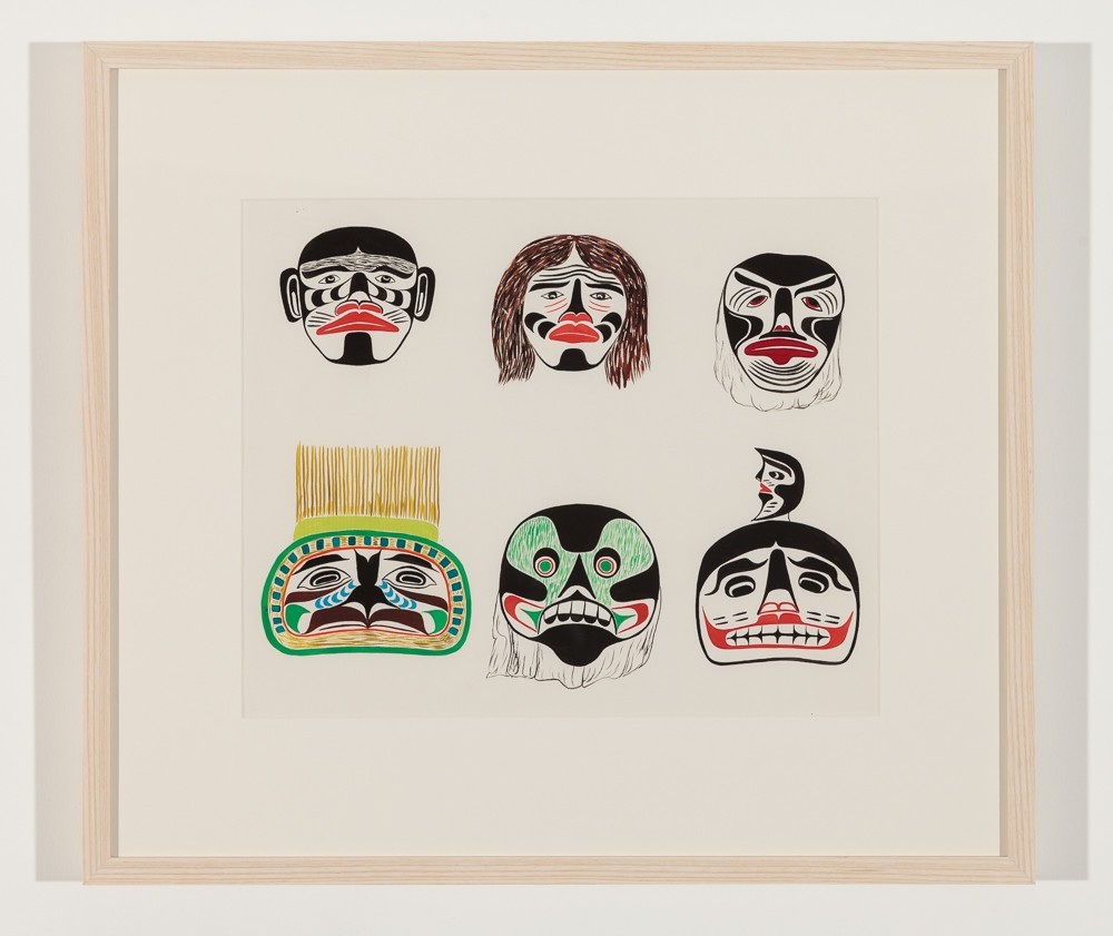 Chief Henry Speck, Portrait Mask, Woman Mask, Sick Fool Mask, Headdress Fronlet, Skull, Moon Mask, 1960 Watercolour on paper